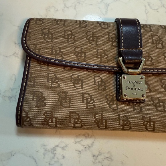Dooney & Bourke Vintage Brown Canvas with Leather Trim Bifold Wallet Gold Buckle - Picture 4 of 16